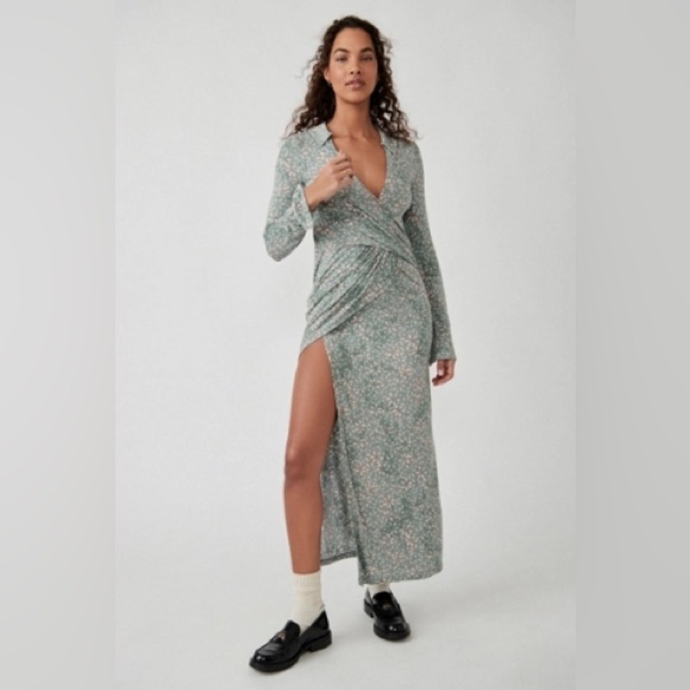 NWT Free People | Shayla Floral Faux Wrap Maxi Split Neck Dress Small Boho‎
